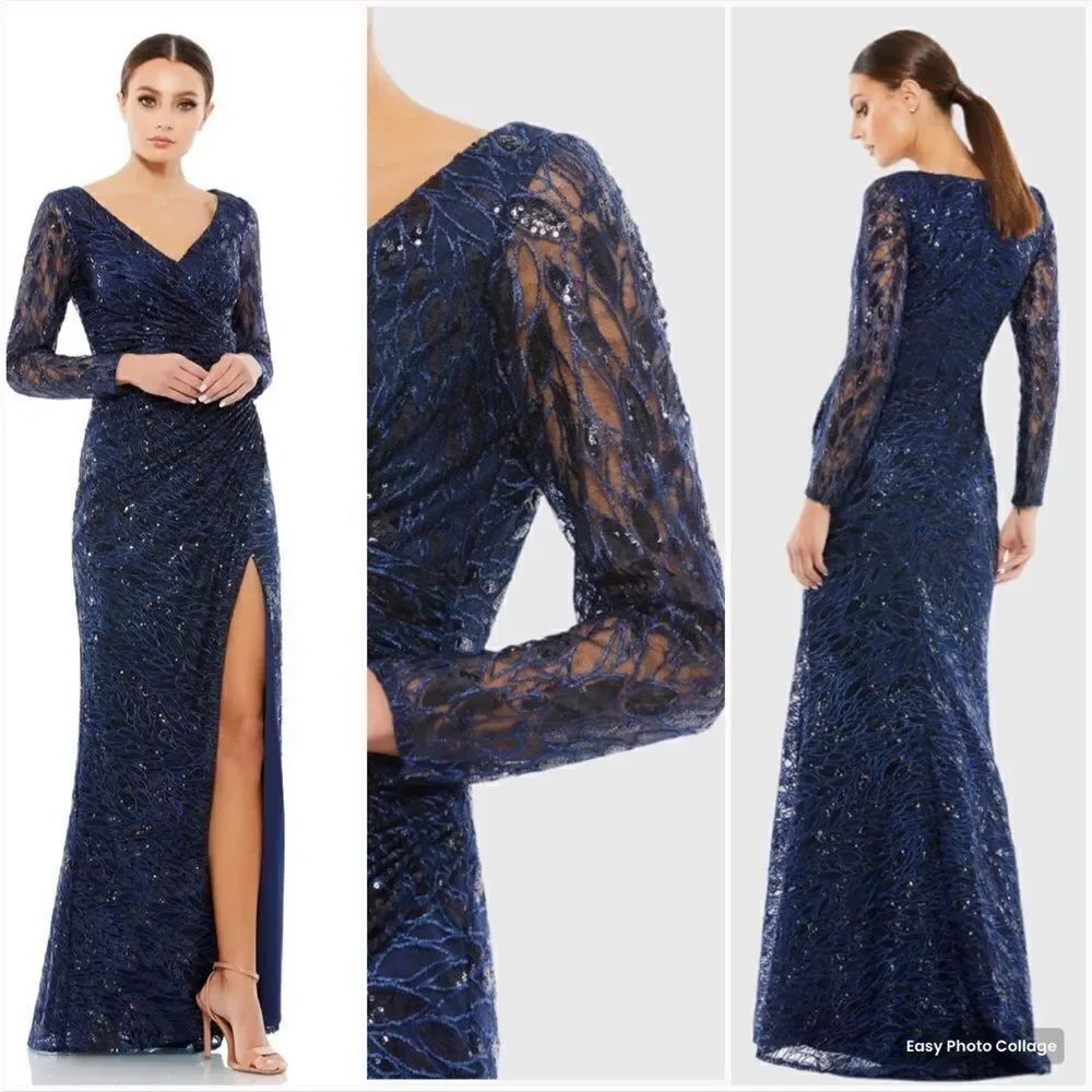 Mac Duggal 12412 Womens LONG SLEEVE RUCHED SEQUINED V-NECK GOWN Dress